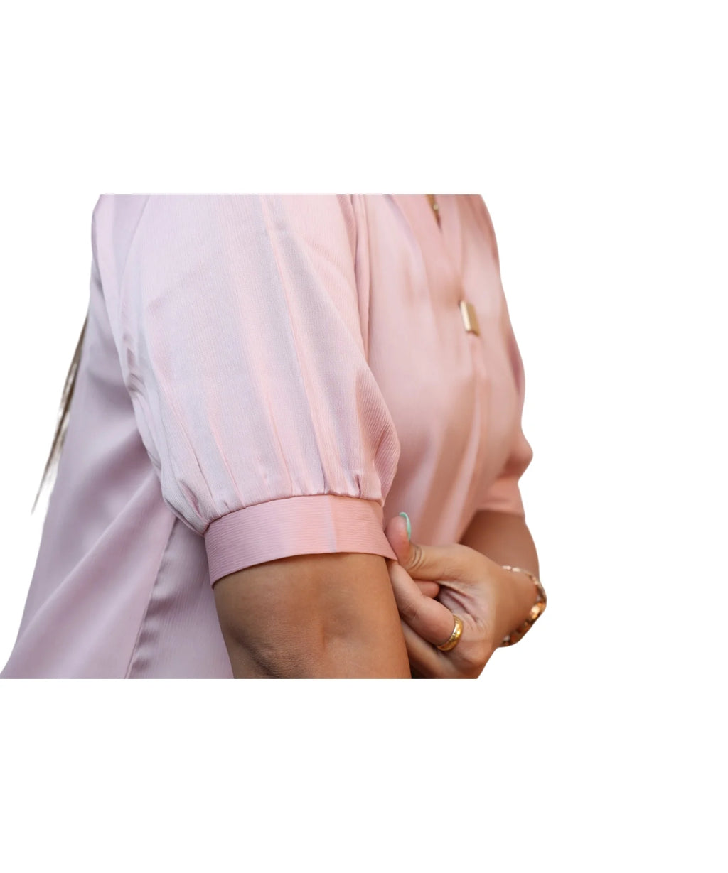 Extreme close-up gathered cuff finishing detail women's baby pink puff sleeve satin formal blouse Ladymade