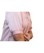 Extreme close-up gathered cuff finishing detail women's baby pink puff sleeve satin formal blouse Ladymade