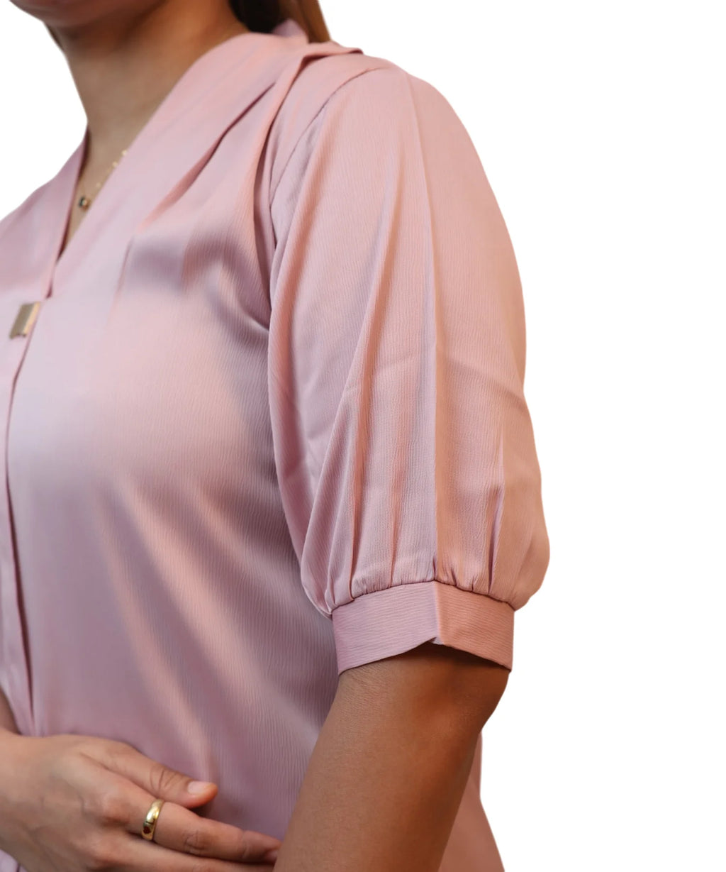 Close-up puff sleeve gathered cuff and satin fabric sheen detail women's baby pink formal blouse Ladymade