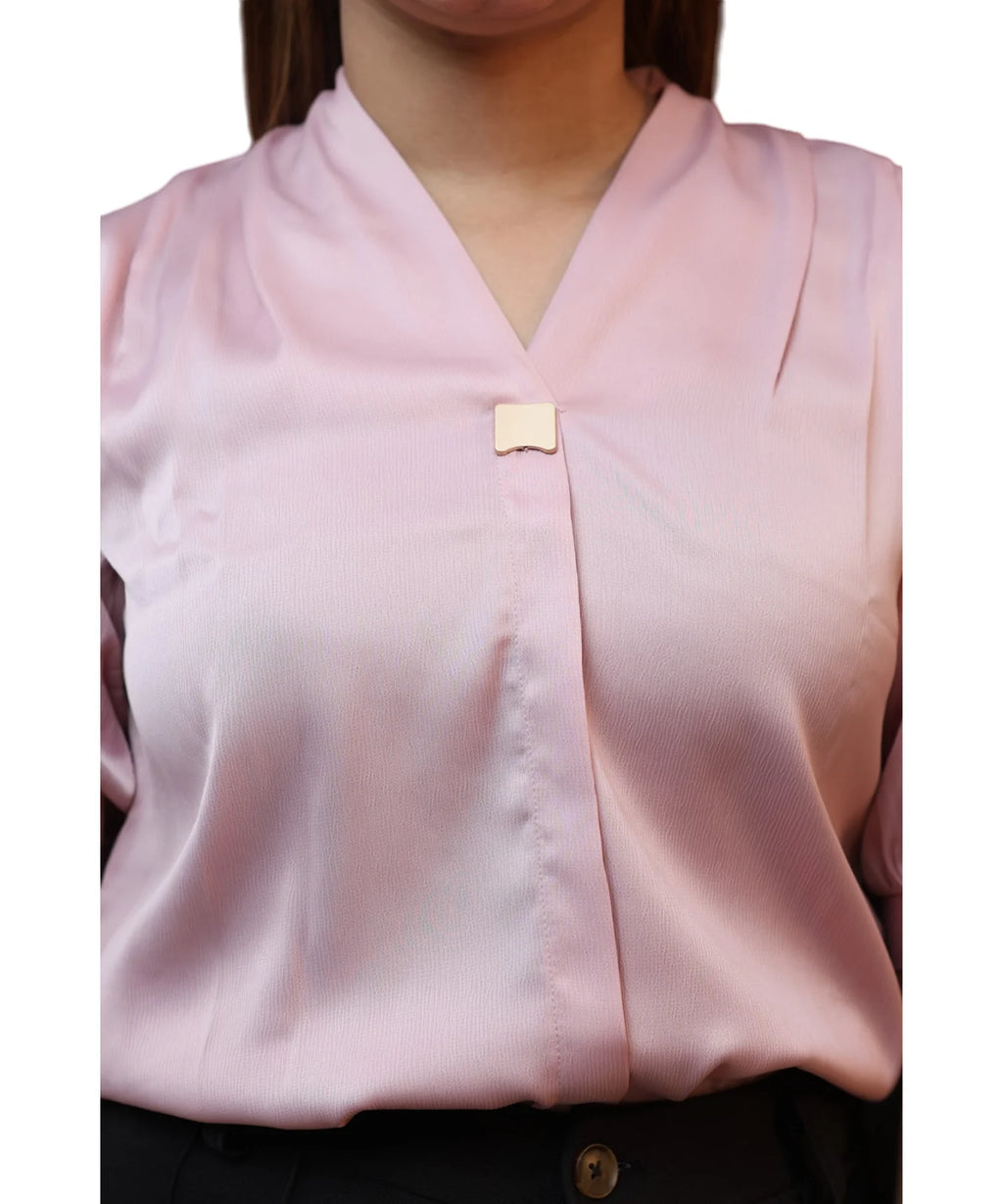 Close-up V-neck and gold square bar clasp detail women's baby pink satin puff sleeve formal blouse Ladymade