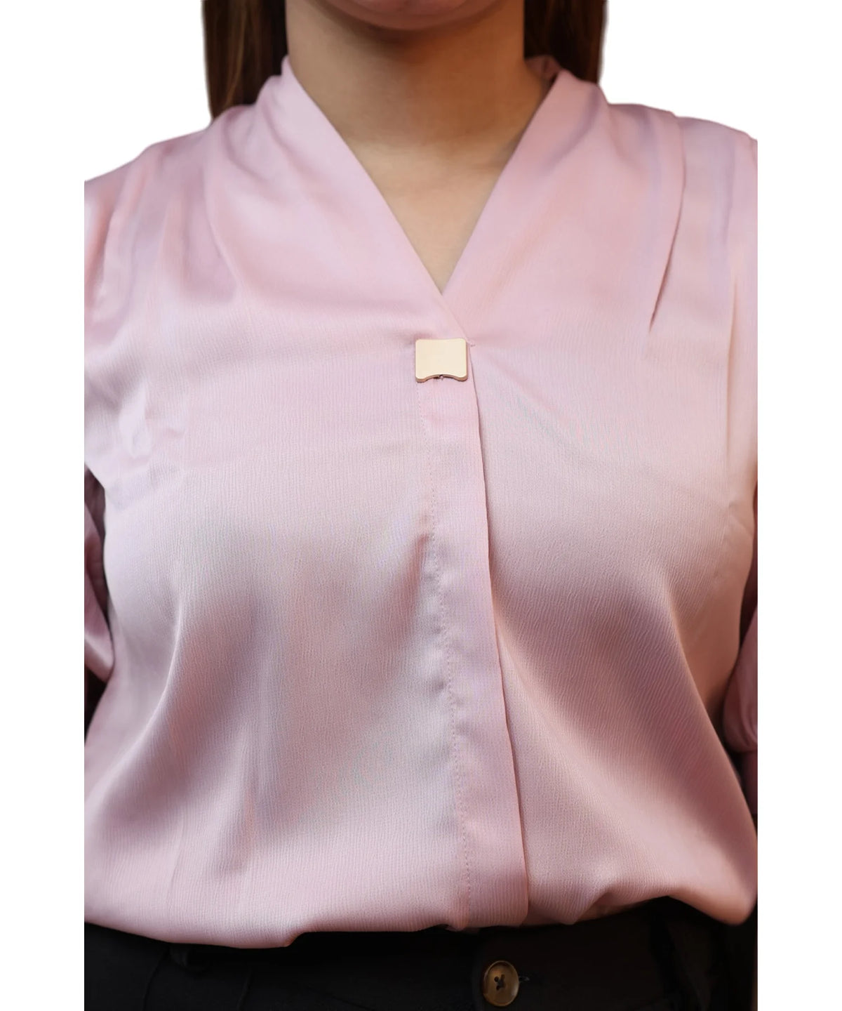 Close-up V-neck and gold square bar clasp detail women's baby pink satin puff sleeve formal blouse Ladymade