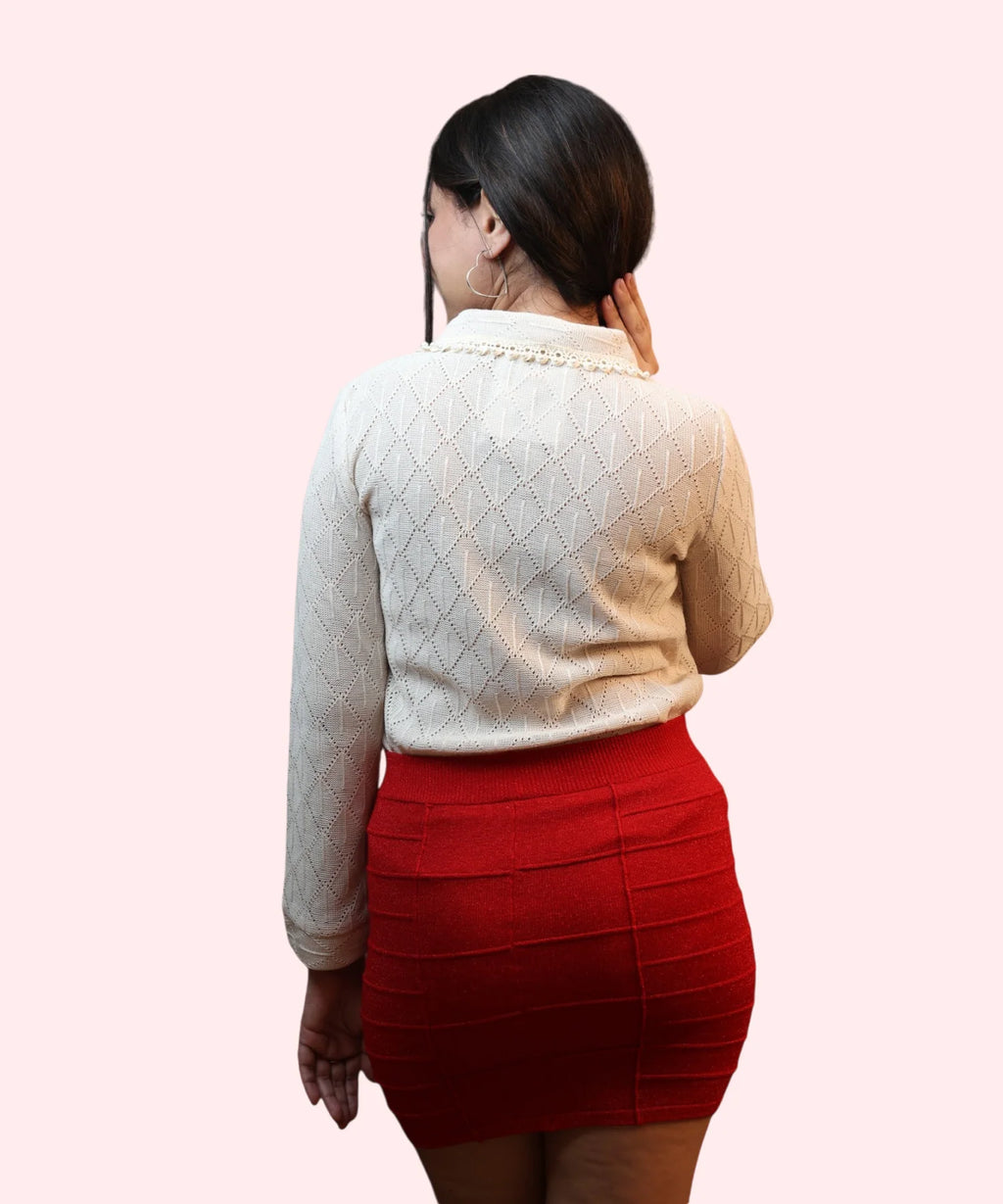Back view of beige knit office wear top