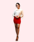 Model wearing beige pearl knit office wear top