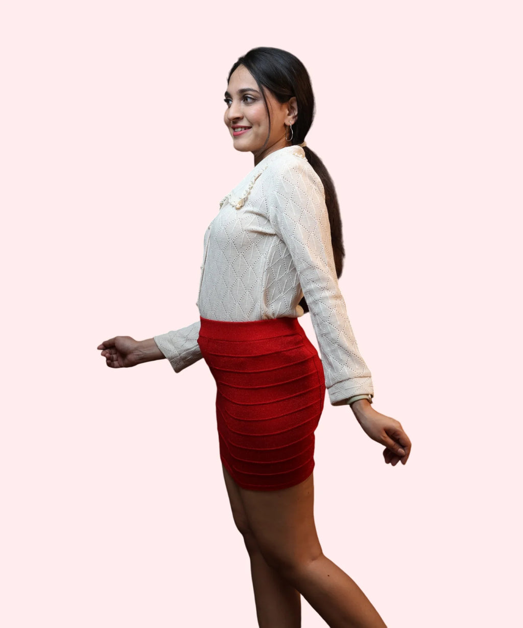 Side profile of beige textured workwear top