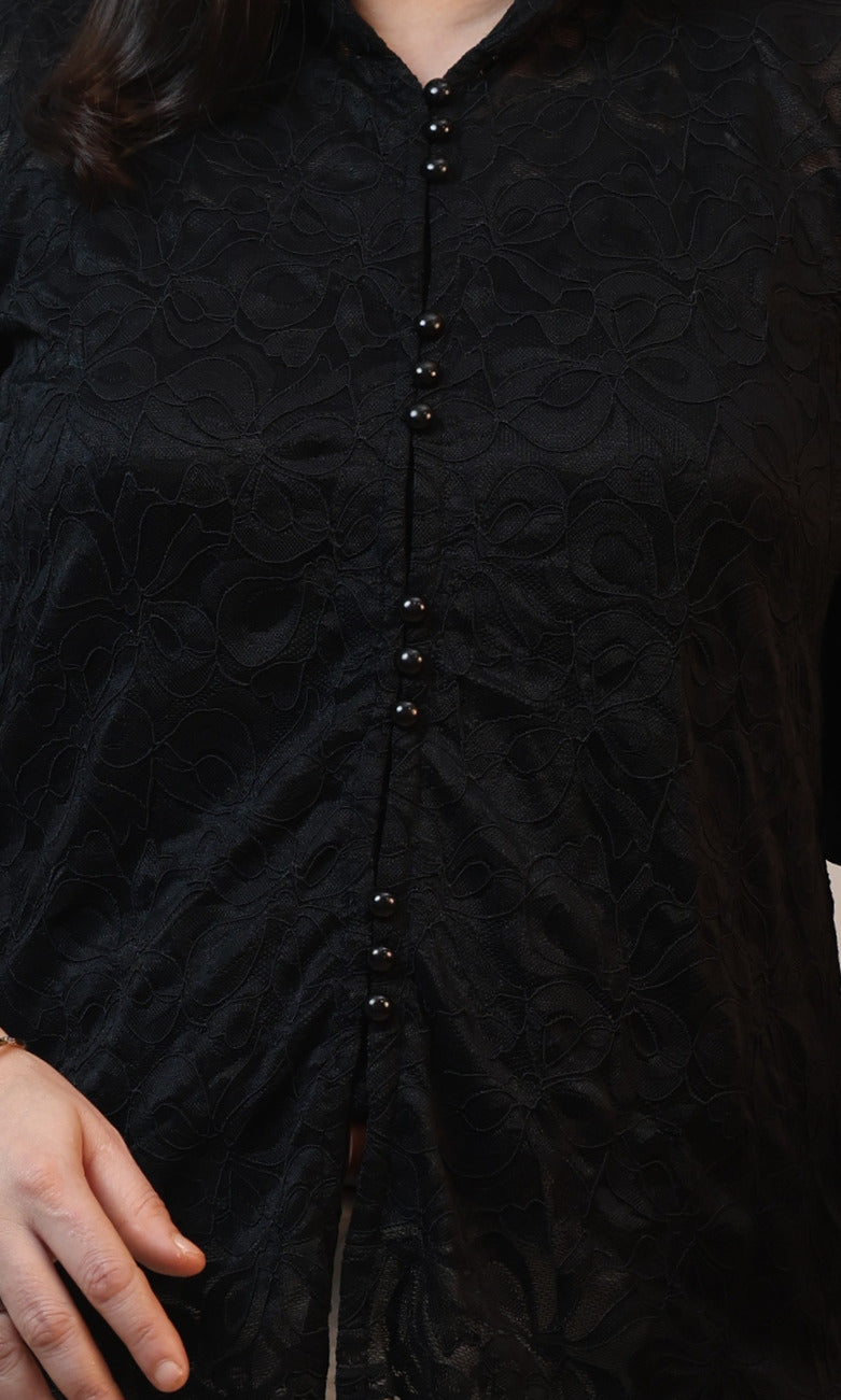 Close-up pearl button row and schiffli lace floral texture detail women's black workwear shirt Ladymade