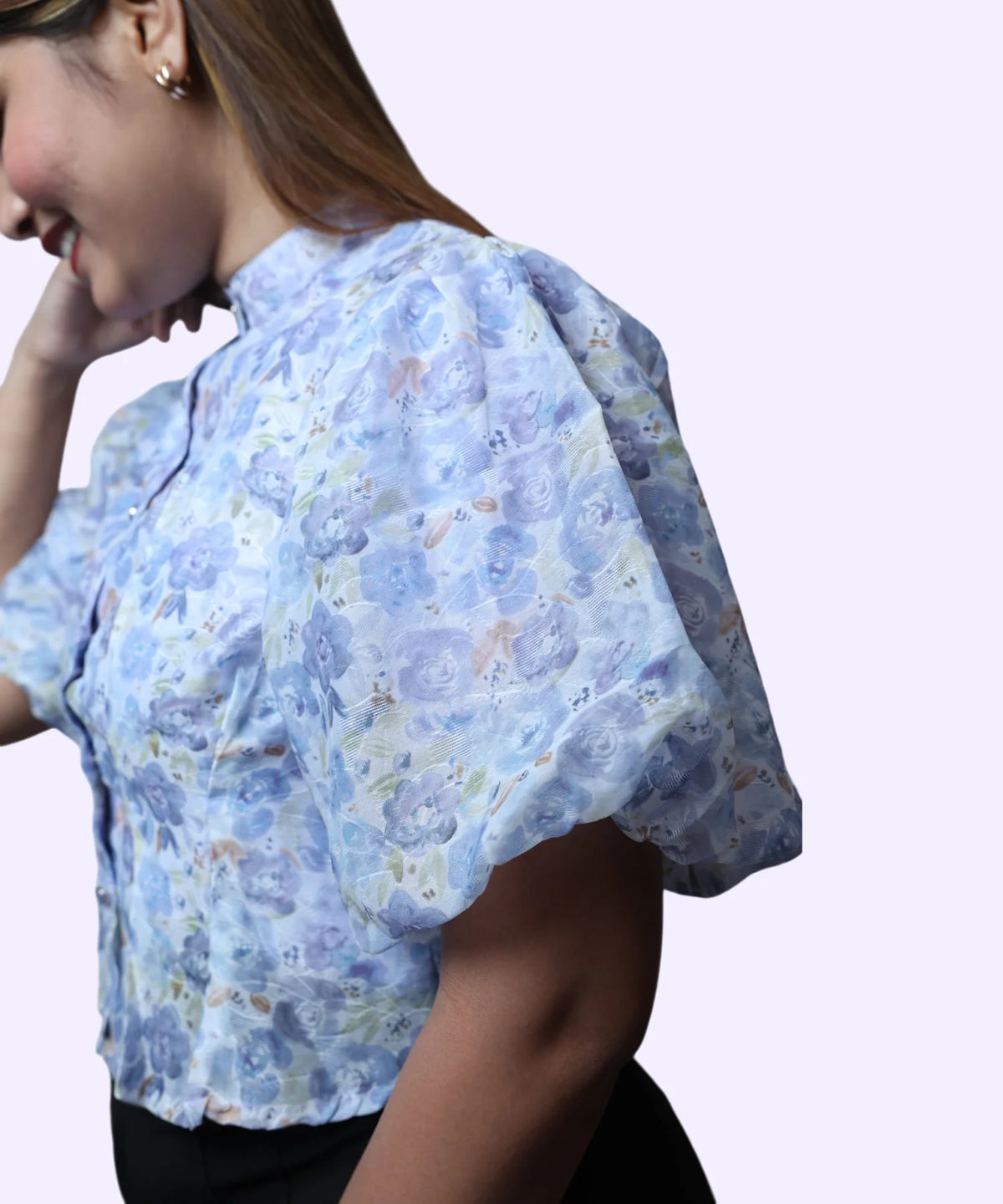 Close-up chiffon fabric transparency and floral print detail women's blue high neck peplum workwear top Ladymade