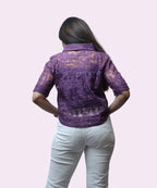 Back view of grape sheer lace workwear top for women