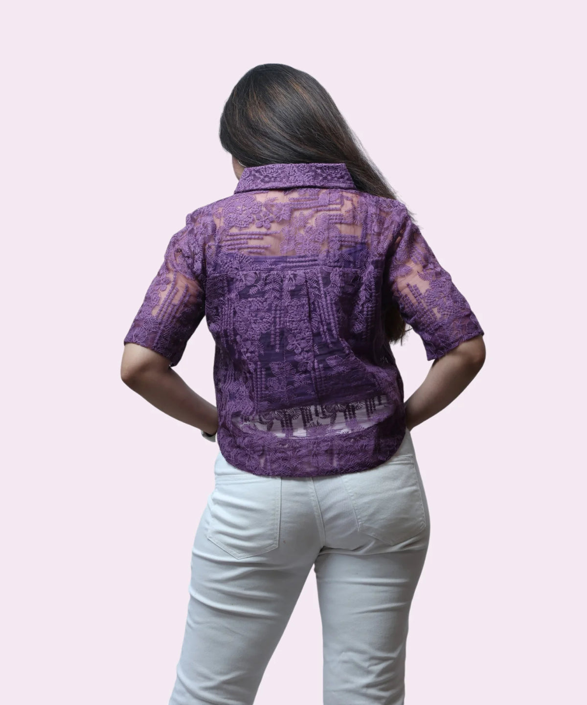 Back view of grape sheer lace workwear top for women