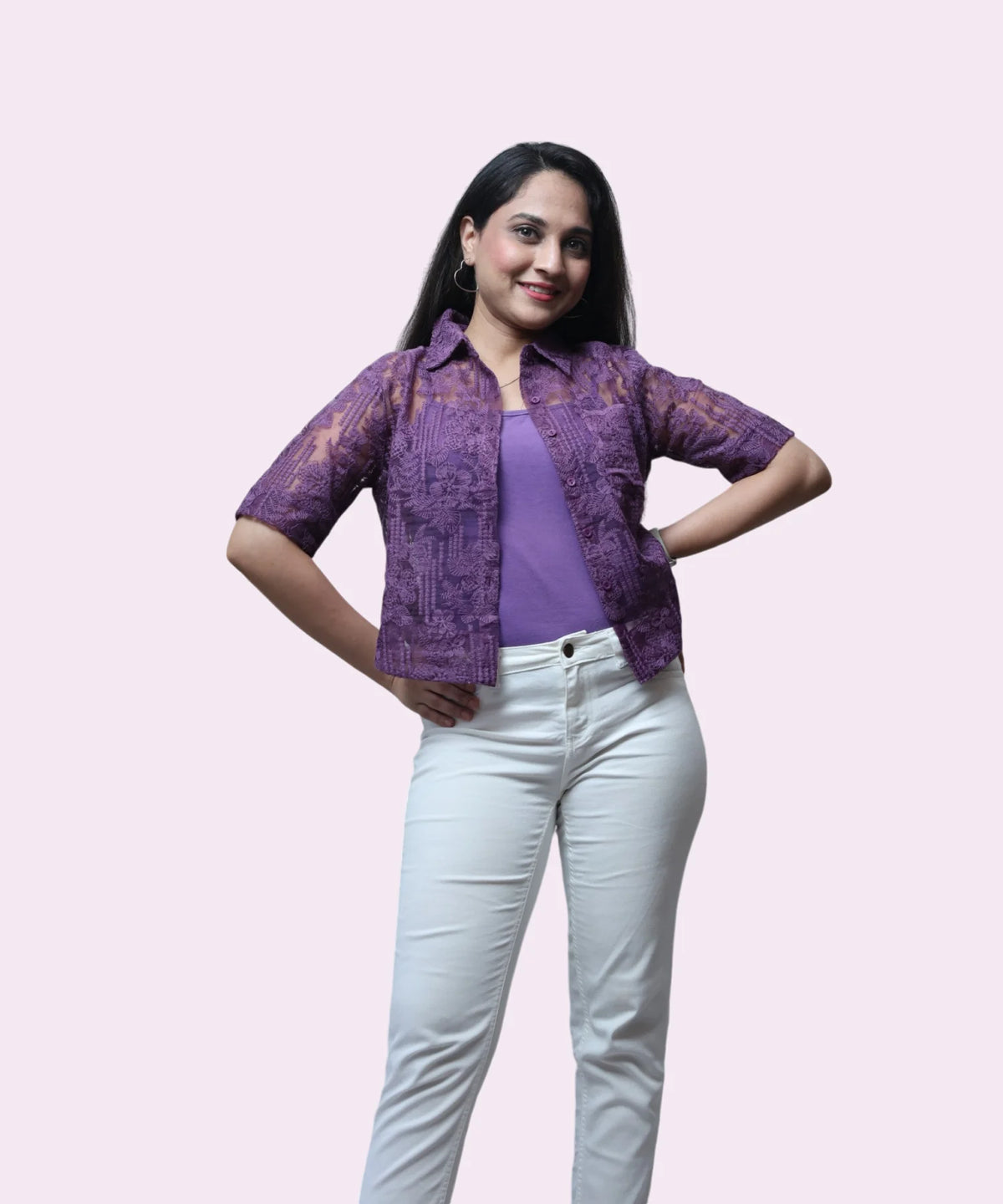 Grape purple sheer embroidered workwear top for women front view
