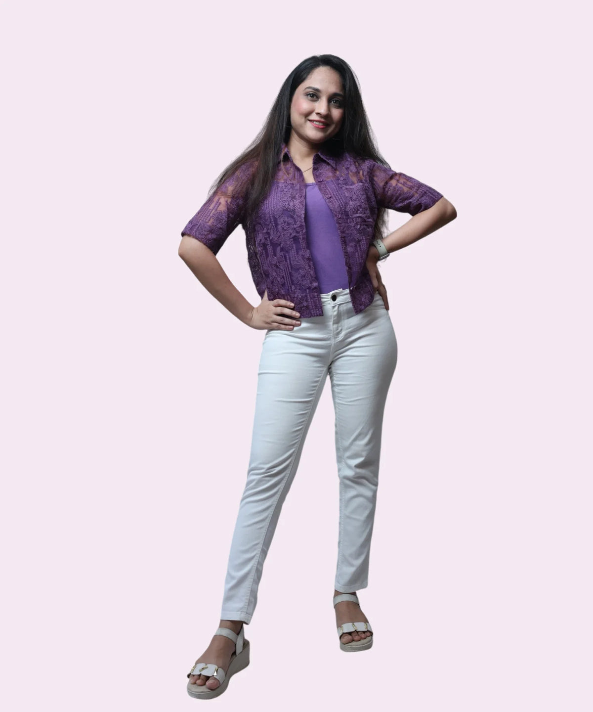 Model wearing grape sheer embroidered office top full look