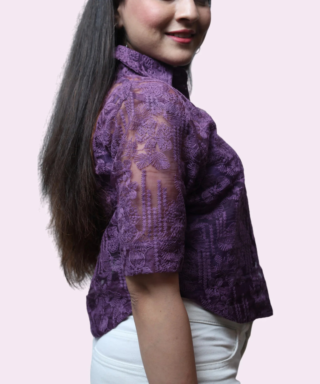 Side closeup profile of grape purple sheer office top
