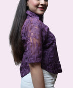 Side closeup profile of grape purple sheer office top