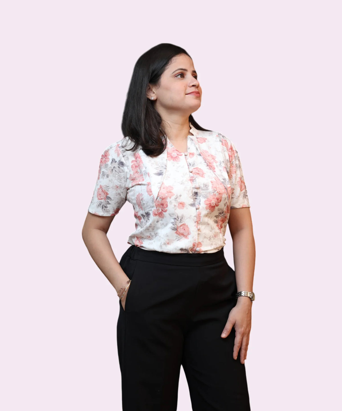 Ivory floral workwear top for women front view