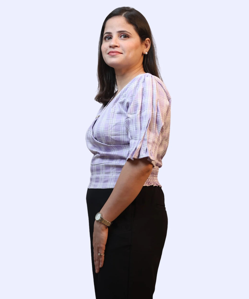 Side view of women’s lavender checks puff sleeve wrap top relaxed fit