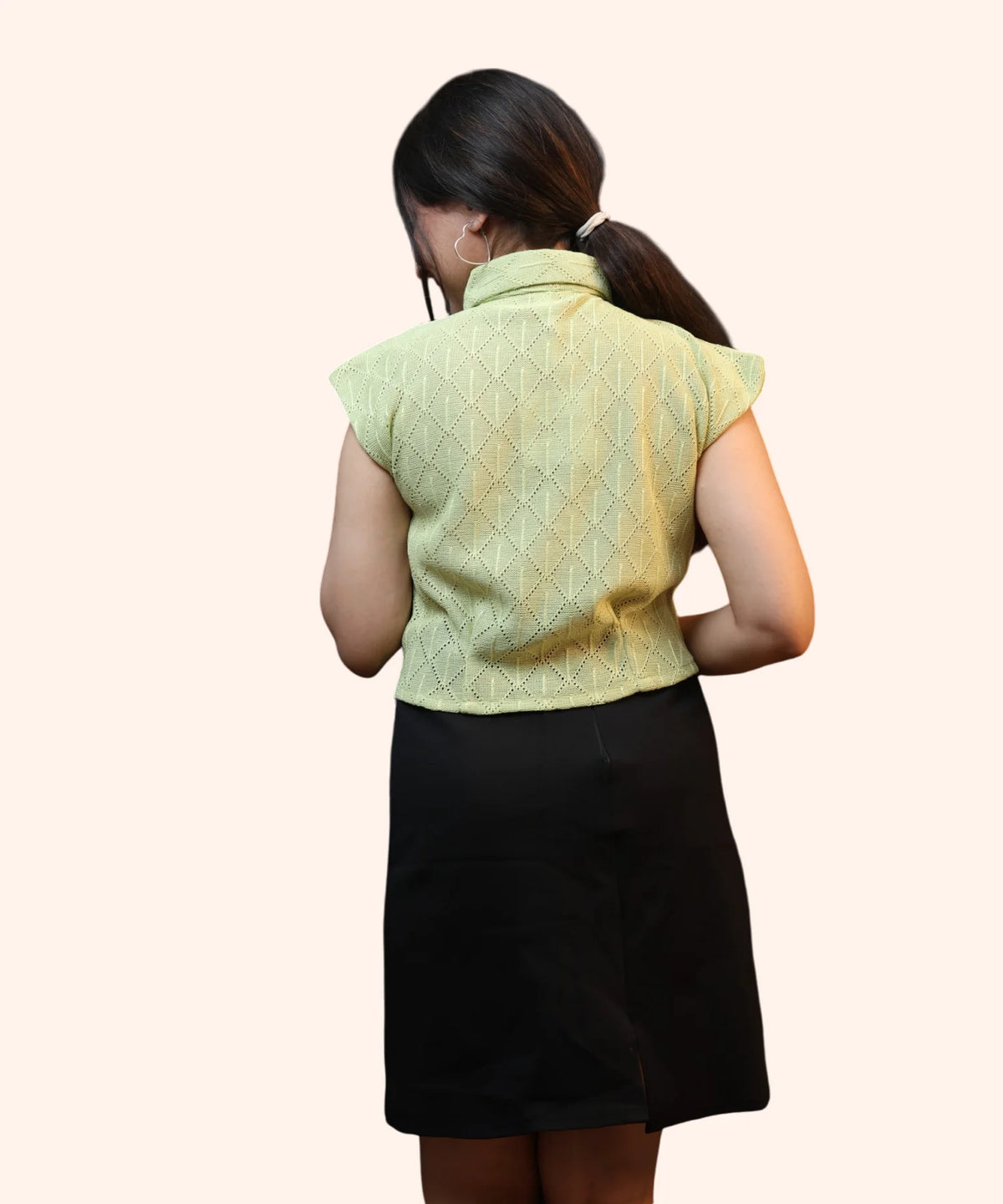Back view of mint green eyelet collared crop shirt for women, breathable workwear