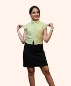 Women’s mint green eyelet collared cap sleeve crop shirt front view, workwear top