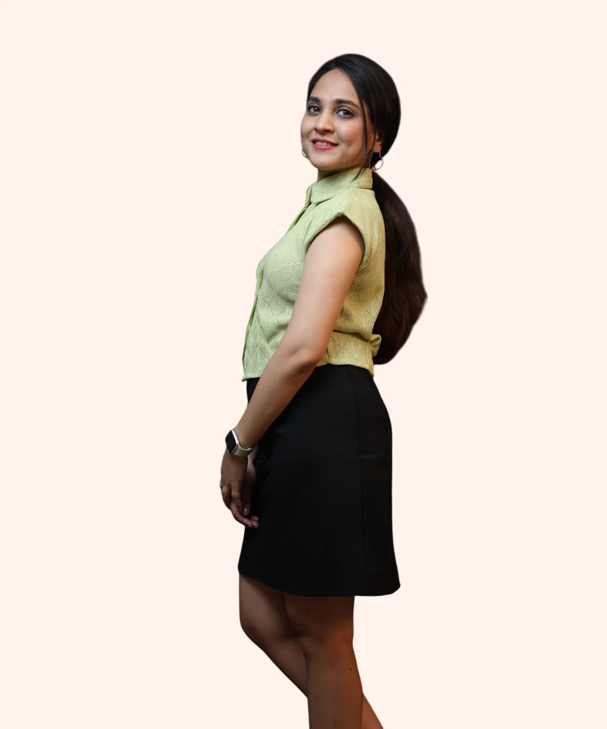 Side view of women’s mint green eyelet cap sleeve shirt with relaxed fit