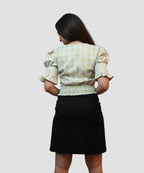 Back view of pista green check wrap crop top with elastic fit for women