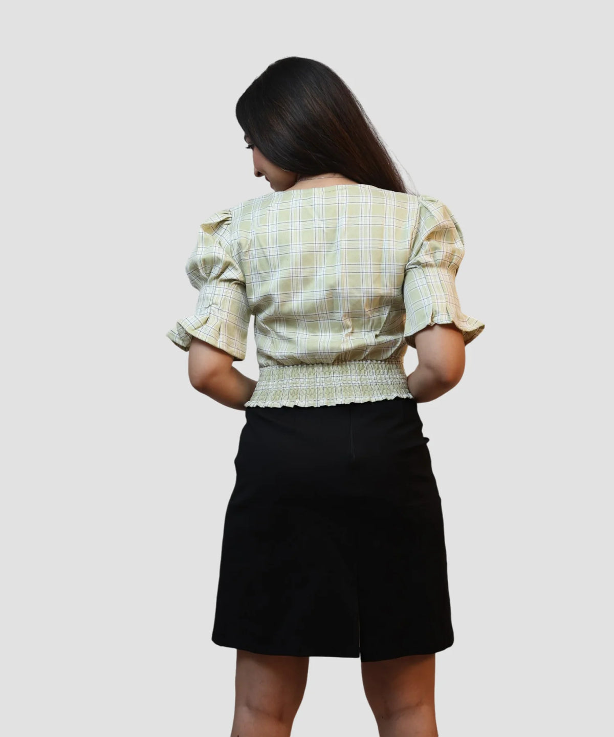 Back view of pista green check wrap crop top with elastic fit for women