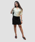 Women’s pista green check wrap top styled with skirt smart casual office outfit