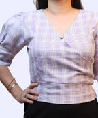 V-neck wrap front with clasp detail on women's lavender checks workwear blouse Ladymade