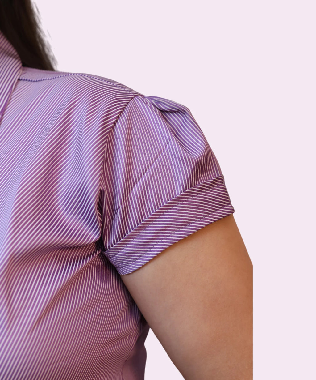Close-up petal cuffed sleeve detail on lilac striped 100% cotton formal workwear shirt Ladymade