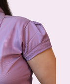 Close-up petal cuffed sleeve detail on lilac striped 100% cotton formal workwear shirt Ladymade