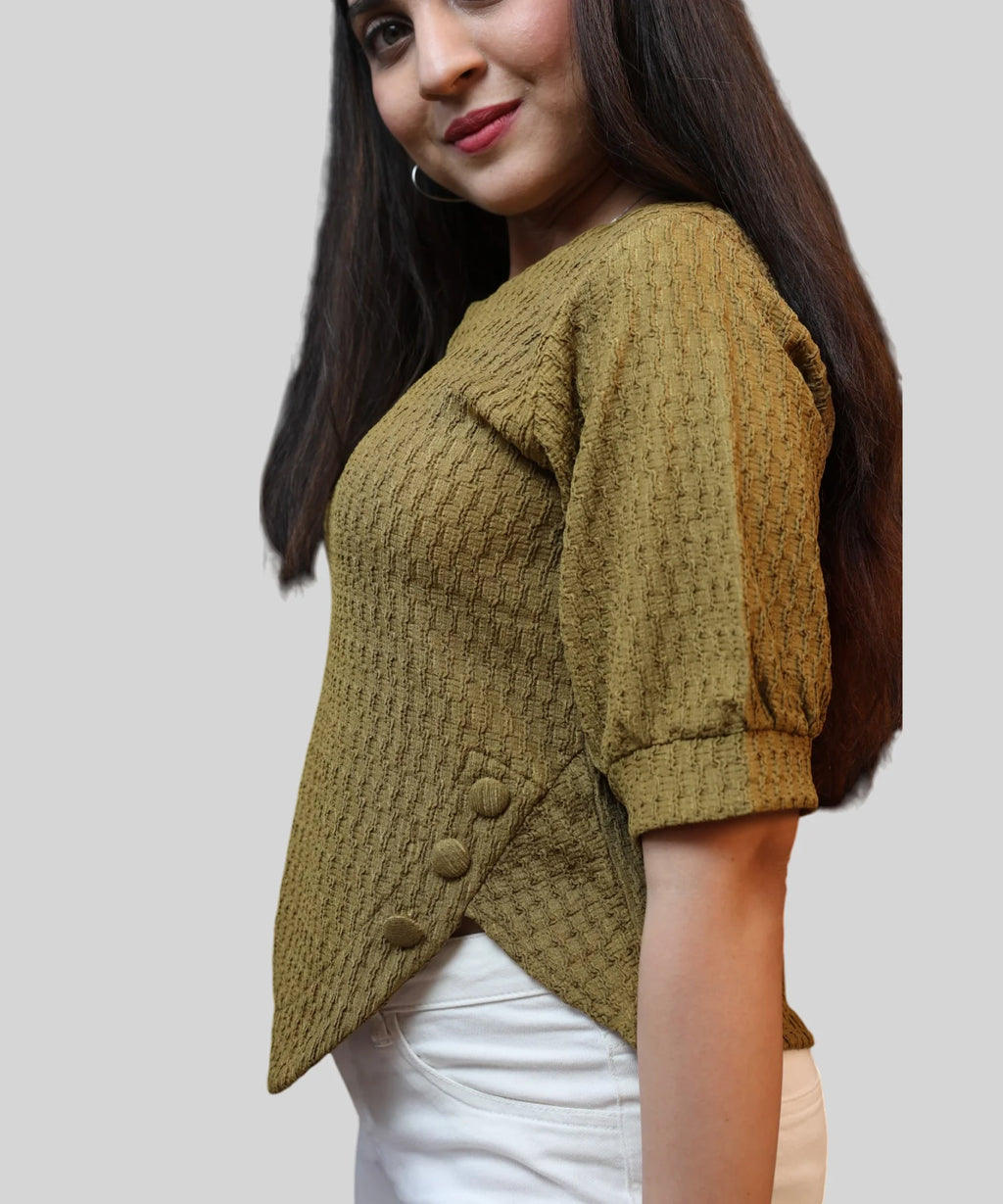 Side button detail on olive workwear top