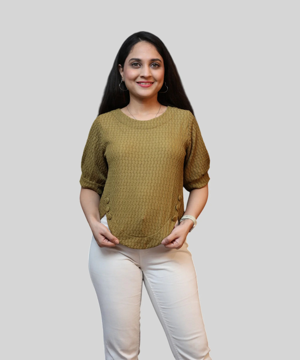 Olive textured workwear top for women front view