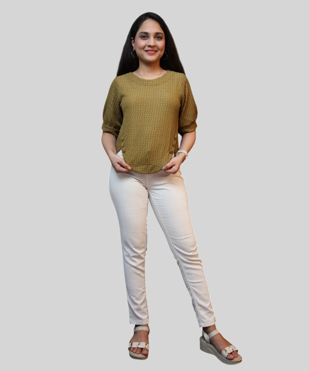 Model wearing olive textured office wear top