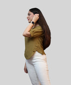 Side profile of olive textured workwear top
