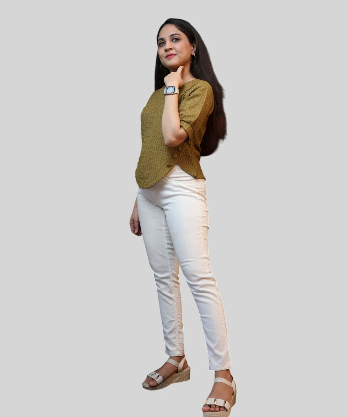 Styled olive workwear top with white pant