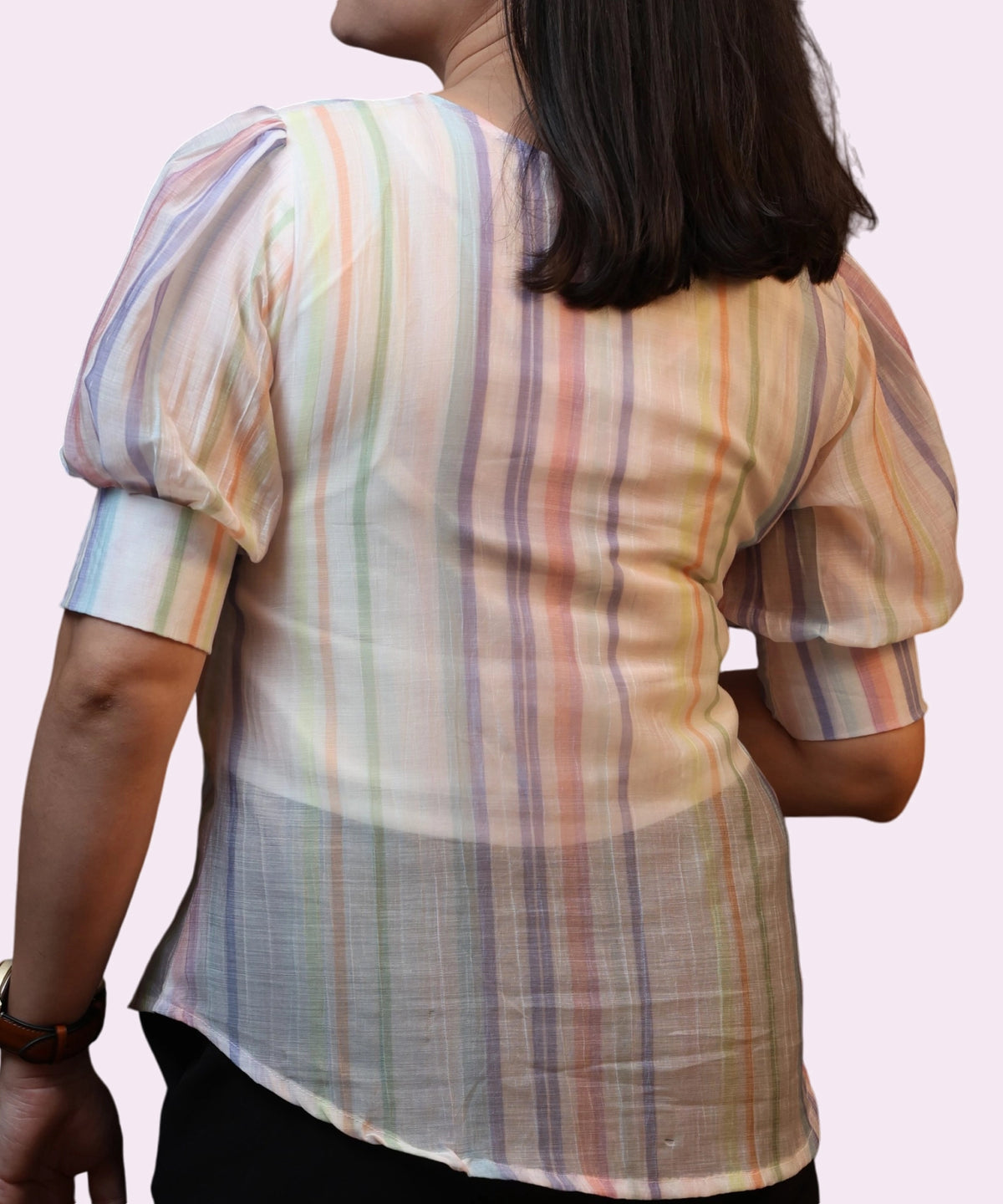 Close-up back puff sleeve detail on women's pastel viscose stripe workwear top Ladymade