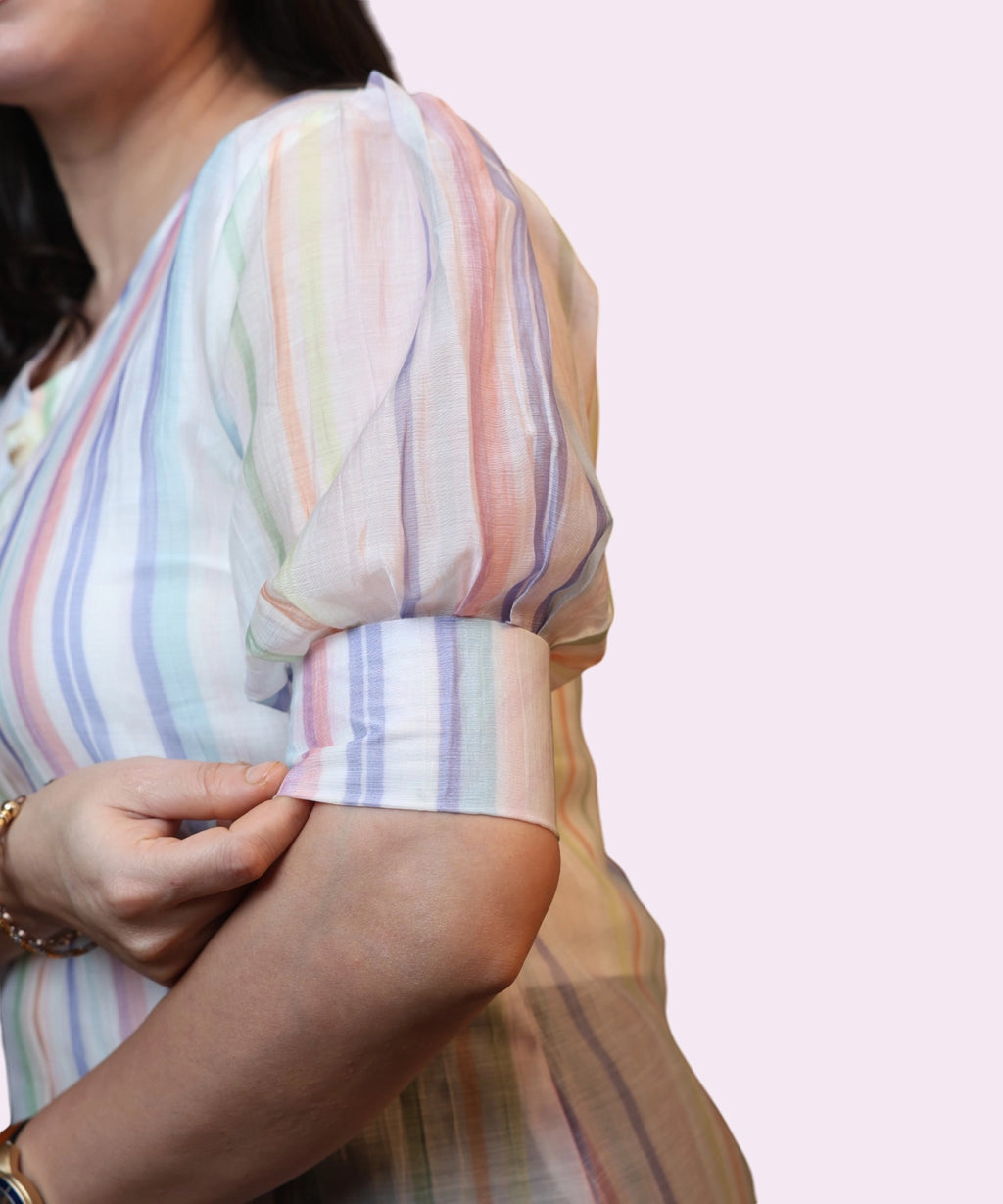 Close-up striped cuff band detail on pastel viscose puff sleeve workwear top Ladymade