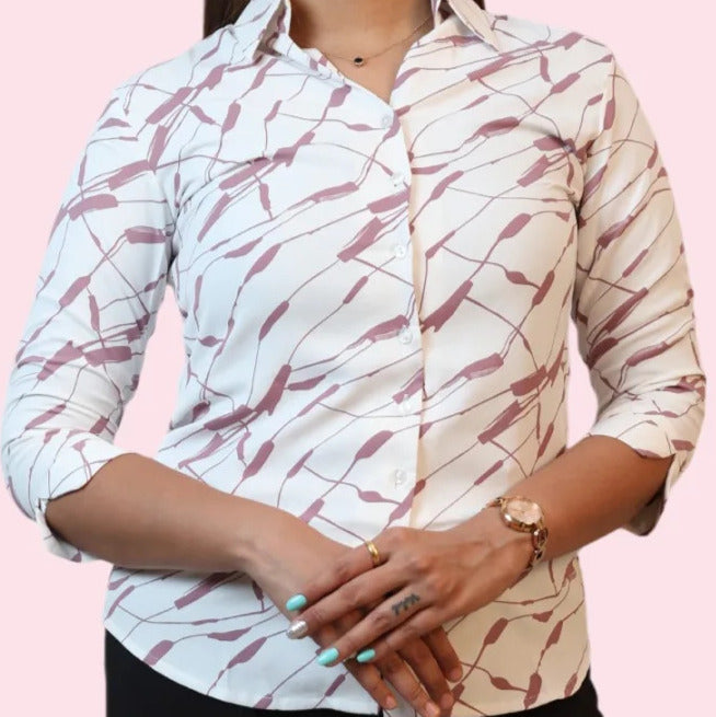 Close-up collar and button-front detail women's white mauve abstract print formal workwear shirt Ladymade