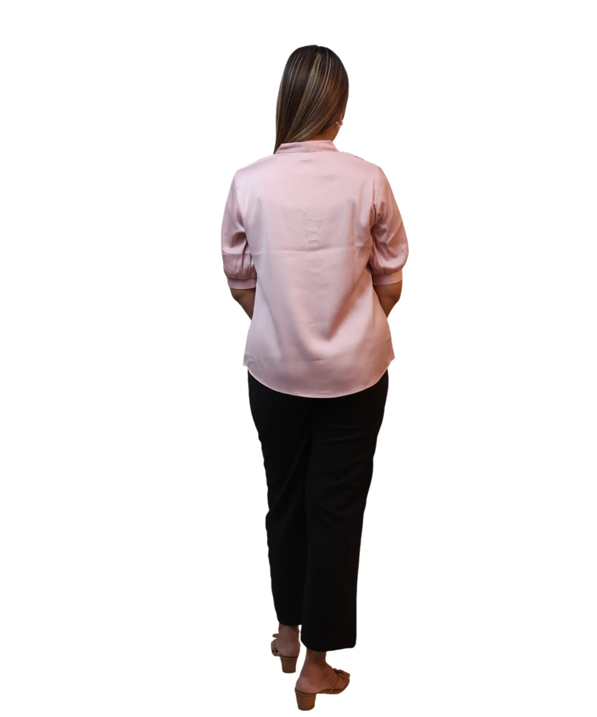 Full length back view women's baby pink satin puff sleeve formal blouse black trousers brown heels Ladymade
