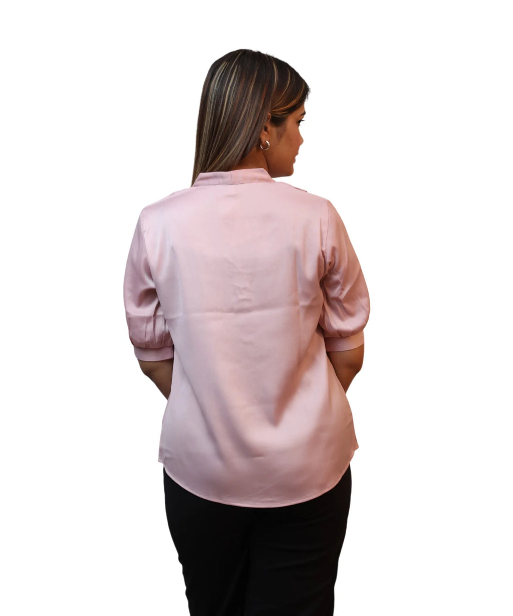 Back view women's baby pink satin puff sleeve formal blouse gathered shoulder seam workwear Ladymade
