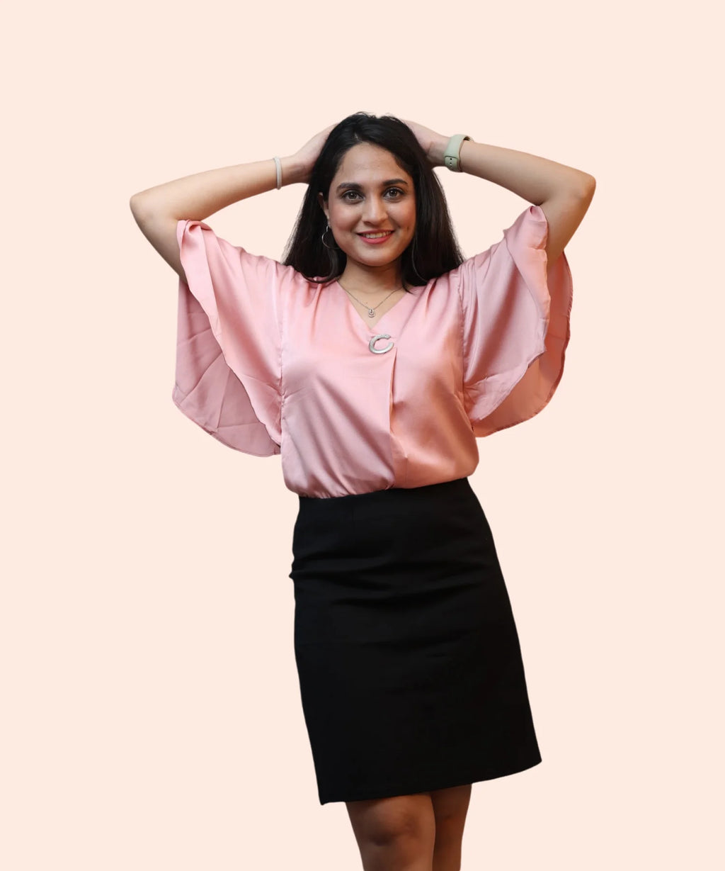 Full length women's baby pink satin cape sleeve workwear top dramatic sleeve spread satin sheen Ladymade