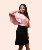 Three-quarter angle women's baby pink satin cape sleeve V-neck workwear blouse black pencil skirt Ladymade