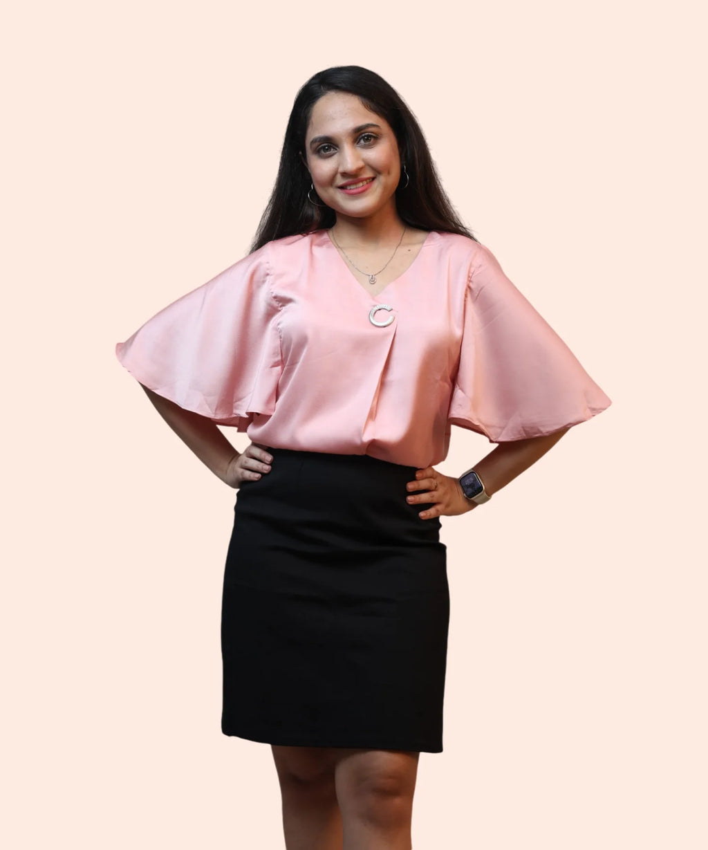 Full length women's baby pink satin cape sleeve V-neck workwear blouse black pencil skirt Ladymade