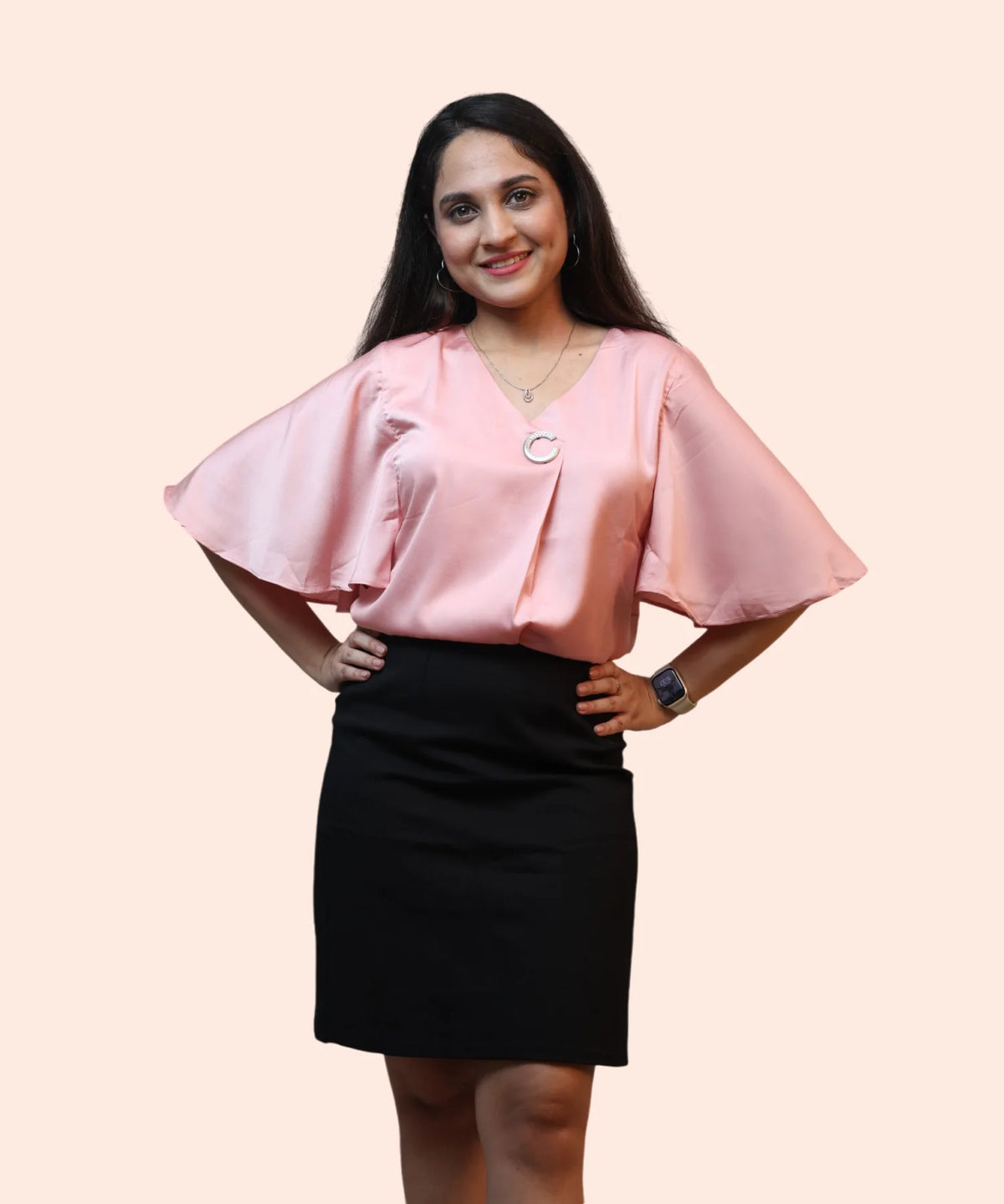 Full length women's baby pink satin cape sleeve V-neck workwear blouse black pencil skirt Ladymade