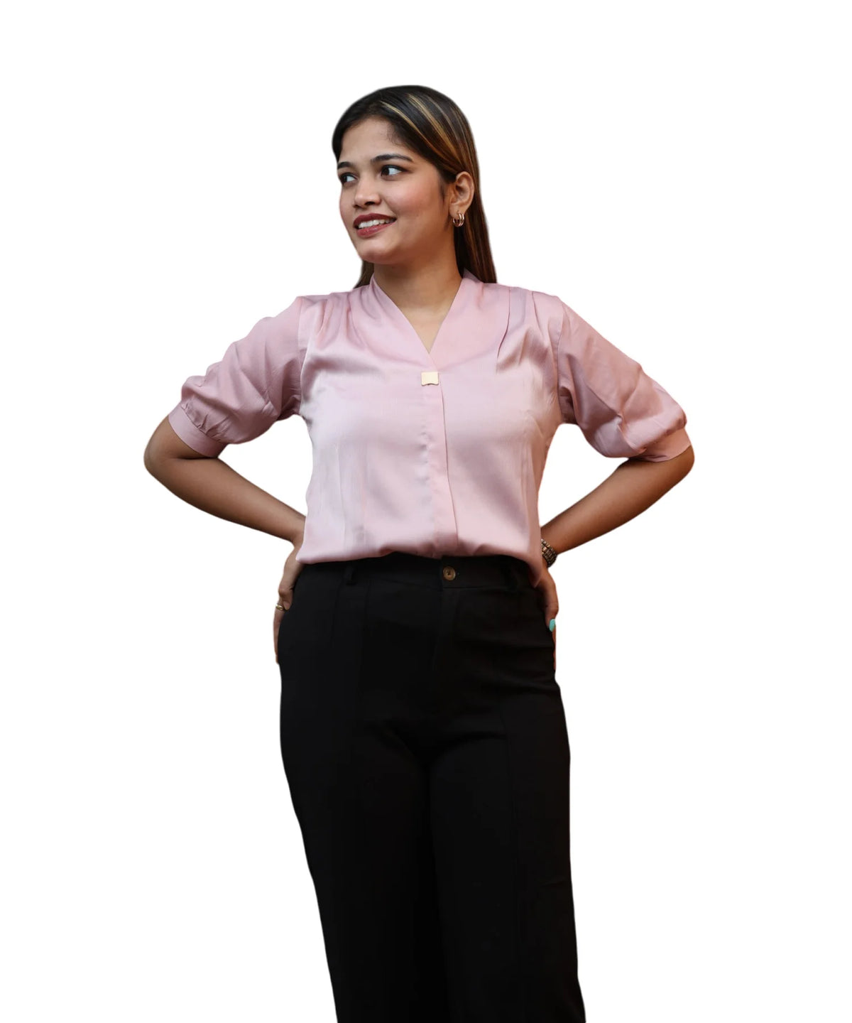 Half length women's baby pink satin puff sleeve formal blouse V-neck gold bar brooch workwear front view Ladymade