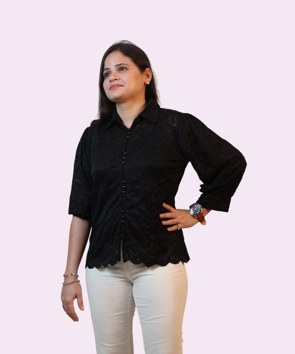 Front view women's black schiffli lace shirt pearl buttons scalloped hem collar workwear Ladymade