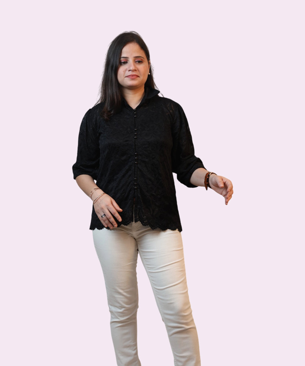 Full length front view women's black schiffli lace shirt scalloped hem pearl buttons workwear Ladymade