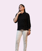 Full length women's black schiffli lace workwear shirt complete silhouette cream trousers Ladymade