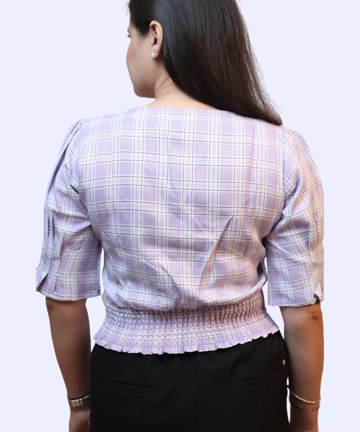 Back view of women's lavender checks wrap crop top with elastic waist Ladymade