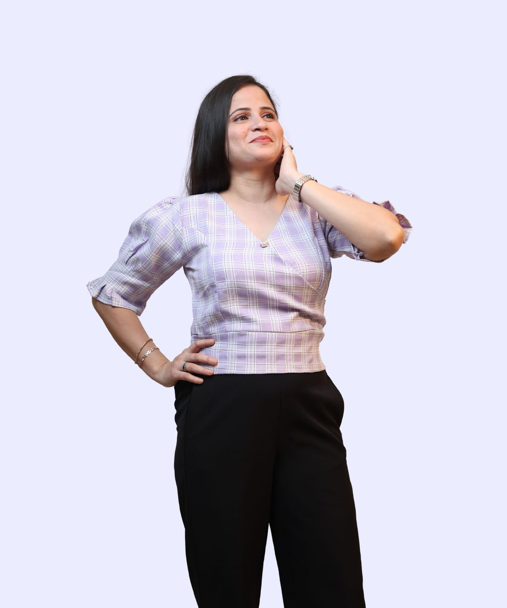 Women's lavender checks wrap crop top styled with black wide-leg trousers office outfit Ladymade