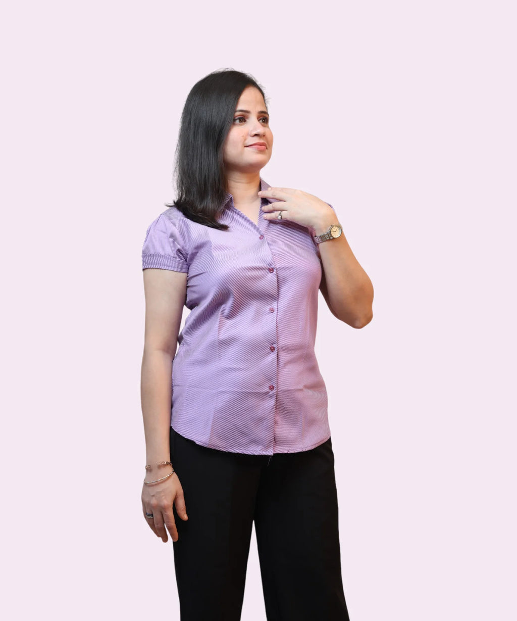 Half length front view women's lilac striped cotton formal shirt office style Ladymade