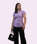Model front view of women's lilac striped cotton formal shirt office style Ladymade