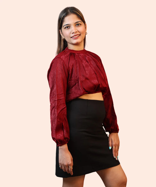 Women's Maroon Velvet Crop Top | Mock Neck Bishop Sleeve Gathered Workwear